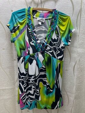 Joseph Ribkoff Multicolor Ruffle Trim V-Neck Top